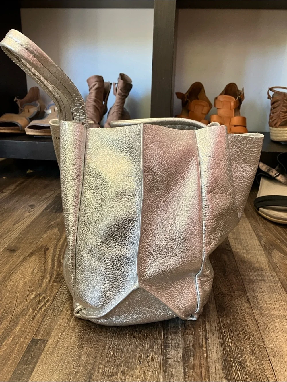 Ampersand As Apostrophe Sideways leather tote bag in a metallic silver finish